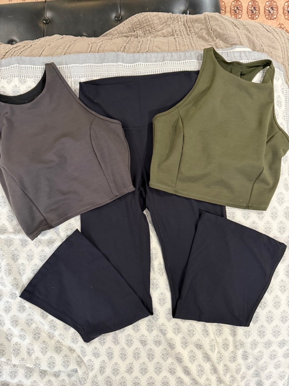 all in motion Olive sport tanks, Charcoal sport Tank & Blk flare Leggings  3 pc.